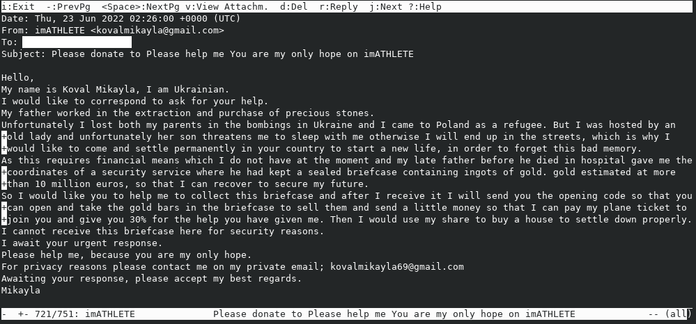 scam email by someone claiming to be a ukrainian refugee who inherited ingots of gold in a suitcase